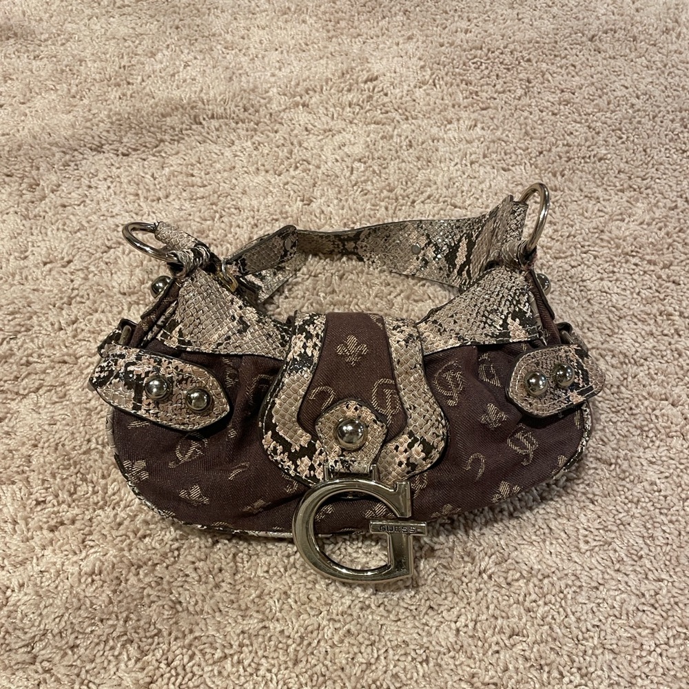 Guess Brown Monogram Shoulder Bag with Snake-Print Trim - Picture 2 of 10